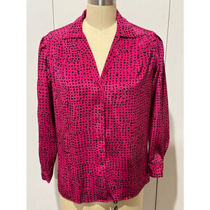 Unbranded Button Down silky Shirt M Pink Black dot print button cuffs